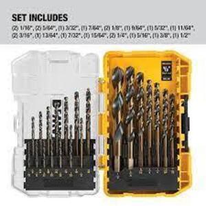 DESCRIPTION: (1) DRILL BIT SET BRAND/MODEL: DEWALT #DWA1181 INFORMATION: BLACK AND GOLD SIZE: 21 PIECES RETAIL$: $21.99 EA QTY: 1