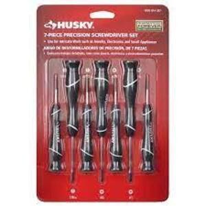 DESCRIPTION: (1) PRECISION SCREWDRIVER SET BRAND/MODEL: HUSKY #1000014267 INFORMATION: BLACK HANDLES SIZE: 7 PIECES RETAIL$: $9.97 TOTAL QTY: 1