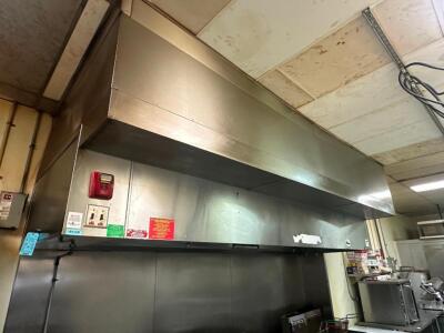 12' STAINLESS EXHAUST HOOD SYSTEM W/ HEATED MAKE UP AIR, EXHAUST FAN, AND FIRE SUPPRESSION