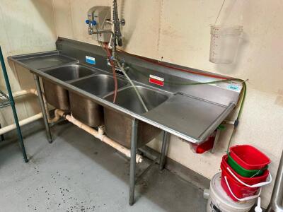 90" THREE WELL STAINLESS POT SINK W/ LEFT AND RIGHT DRY BOARD.