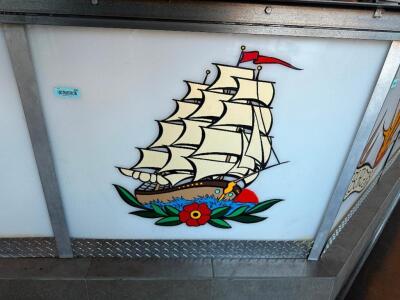 26" X 32" SAILOR JERRY INSPIRED ART WORK ON PLASTIC PANEL. "SHIP"