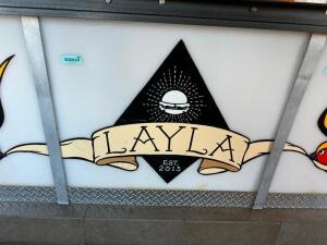 26" X 32" SAILOR JERRY INSPIRED ART WORK ON PLASTIC PANEL. "LAYLA LOGO"