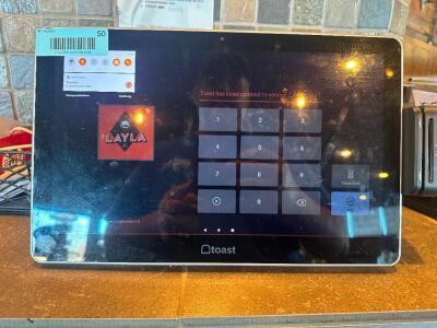 TOAST (2) TERMINAL POS SYSTEM W/ KITCHEN MONITOR, (4) HAND HELD TABLETS, (3) TICKET PRINTERS, AND (2) CASH DRAWERS.