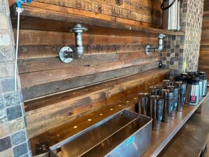 70" AND 48" BAR WOOD BACK BAR BOTTLE RISER AND OVER SHELVES.