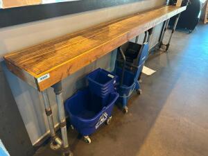 140" X 12" BARNWOOD BAR RAIL TABLE W/ 2" GALVANIZED LEG SUPPORTS.