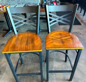 (4) CROSS BACK METAL BAR STOOLS W/ WOODEN SEATS