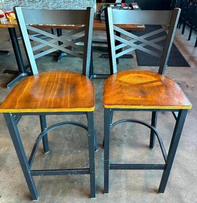 (4) CROSS BACK METAL BAR STOOLS W/ WOODEN SEATS