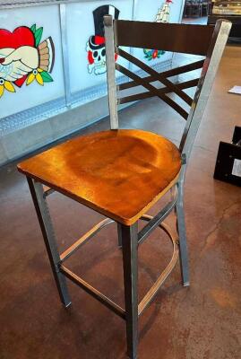 (2) CROSS BACK METAL BAR STOOLS W/ WOODEN SEATS