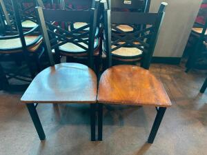 (8) CROSS BACK METAL CHAIRS W/ WOOD SEATS.