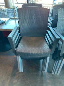 (4) BROWN PLASTIC PATIO STACKABLE ARM CHAIRS