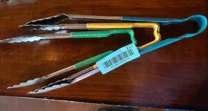 (3) STAINLESS TONGS W/ COATED HANDLES.