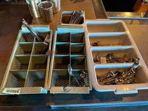 (3) PLASTIC SILVERWARE CADDYS W/ SOME CONTENTS.