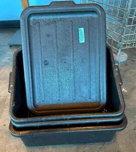 (3) BLACK PLASTIC BUS TUBS W/ LIDS