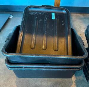 (3) BLACK PLASTIC BUS TUBS W/ LIDS