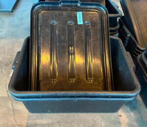 (2) BLACK PLASTIC BUS TUBS W/ LIDS