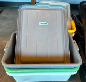 (3) ASSORTED PLASTIC BUS TUBS W/ LIDS