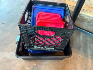 MILK CRATE AND CONTENTS - ASSORTED PLASTIC CONTAINER LIDS.