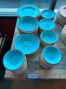 (1) LOT OF BLUE CERAMIC DINNER PLATES , BOWLS, AND BREAD PLATES