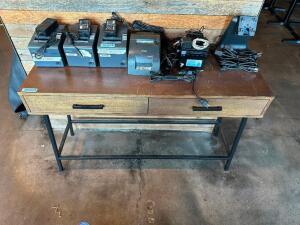 48" WOODEN ACCENT TABLE W/ DRAWERS AND METAL BASE.