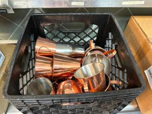 MILK CRATE AND CONTENTS - ASSORTED COPPER MUGS.