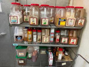 CONTENTS OF SHELF- ASSORTED SEASONING AND SPICES.