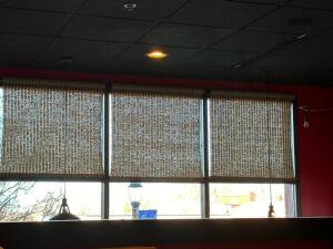 (22) 36" AND 48" TAN AND BROWN CANVAS WINDOW TREATMENTS. RETRACTABLE.