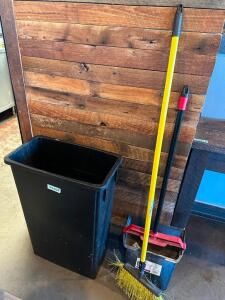 TRASH CAN, BROOM, AND DUST PAN