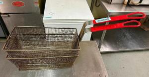 (2) DEEP FRYER BASKETS W/ RED COATED HANDLES