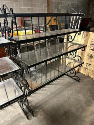 54" FOUR TIER WROUGHT IRON BAKERS RACK W/ PLEXI GLASS INSERTS.