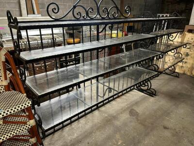 88" FOUR TIER WROUGHT IRON BAKERS RACK W/ PLEXI GLASS INSERTS.