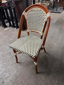 (4) WOODEN FRAME CHAIRS W/ WHITE AND BLACK WICKER SEATS