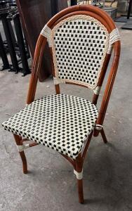 (12) WOODEN FRAME CHAIRS W/ WHITE AND BLACK WICKER SEATS