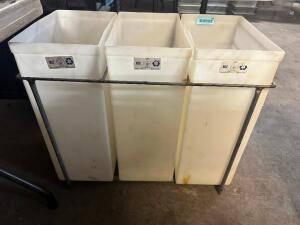 THREE GROUP PLASTIC INGREDIENTS BIN W/ METAL RACK.