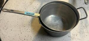 (2) ASSORTED ALUMINUM SAUCE POTS.