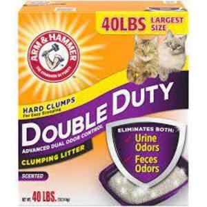 DESCRIPTION: (1) CLUMPING LITTER BRAND/MODEL: ARM AND HAMMER DOUBLE DUTY SIZE: 40 LB RETAIL$: $20.00 EA QTY: 1