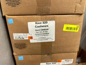 DESCRIPTION: 25 LB. BOX OF RAW CASHEWS LOCATION: FREEZER QTY: 1