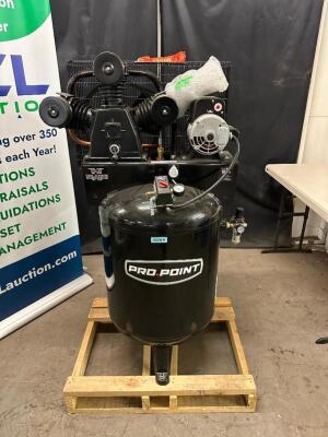 DESCRIPTION PRO POINT 60 GALLON AIR COMPRESSOR BRAND / MODEL: PRO POINT 8475006 ADDITIONAL INFORMATION 230 VOLT, 1 PHASE. RETAIL PRICE: $2,300 QTY 1