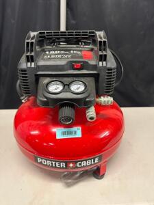 DESCRIPTION PORTER CABLE 6 GALLON AIR COMPRESSOR. BRAND / MODEL: PORTER CABLE C2002 RETAIL PRICE: $160 QTY 1