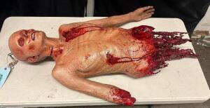 DESCRIPTION HALF TORSO RUBBER AUTOPSY PROP W/ NO HAIR AND CLOSED EYES. ADDITIONAL INFORMATION W/ CHAIN HOOK ON HEAD QTY 1