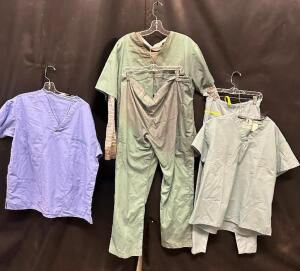 DESCRIPTION (2) RELIEF HOSPITAL SCRUBS ACTORS COSTUMES. ADDITIONAL INFORMATION EVERY STAIN, EVERY BLEMISH, TELLS A STORY OF HORROR AND DESPAIR. FROM T