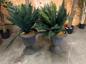 DESCRIPTION (2) FAUX PLASTIC FERNS W/ PLASTIC PLANTERS. THIS LOT IS: ONE MONEY QTY 1