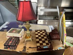 DESCRIPTION DESK LAMP, CHESS BOARD, AND ASSORTED PROPS QTY 1