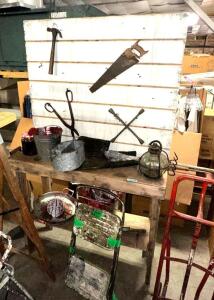 DESCRIPTION 48" WOODEN PROP GARAGE WORK BENCH W/ ASSORTED PROPS QTY 1