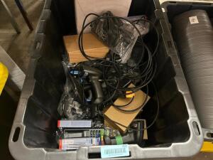 DESCRIPTION PLASTIC TOTE AND CONTENTS - ASSORTED POWER CORDS AND HARDWARE. THIS LOT IS: ONE MONEY QTY 1