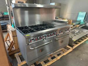 CPG SIX BURNER GAS RANGE W/ 24" GRIDDLE W/ LOWER DOUBLE OVEN.