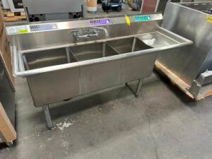 ADVANCE TABCO 72" THREE WELL STAINLESS POT SINK W/ RIGHT SIDE DRY BOARD.