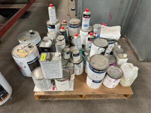 CONTENTS OF PALLET - ASSORTED PAINTS, THINNERS, AND CHEMICALS.