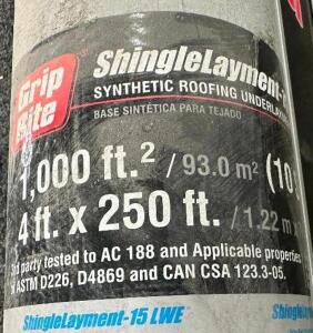 (1) ROLL OF GRIP RITE SHINGLE LAYMENT -15 LWE 250' X 4'