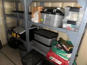 CONTENTS OF TWO SHELVES - ASSORTED HARDWARE, TOOLING, AND LAWN AND GARDEN ITEMS