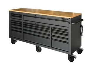 DESCRIPTION: (1) 18 DRAWER TOOL CHEST WITH ADJUSTABLE TOP WOODEN TOP BRAND/MODEL: HUSKY HOLC7218BB1MYS SIZE: 72" W 24" D RETAIL$: $1,498.00 QTY: 1